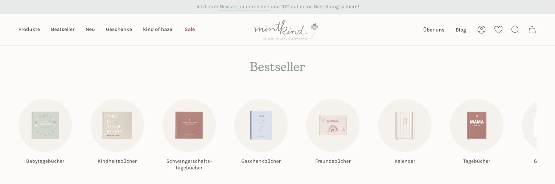 Mintkind Bestseller Navigation und Markenwelt