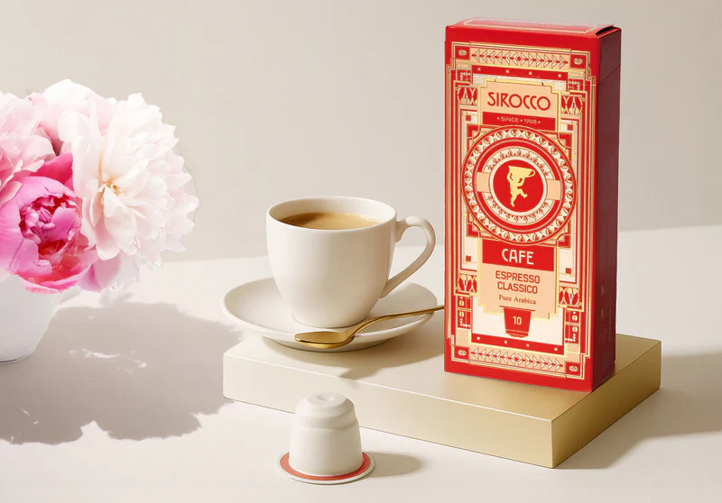 Sirocco Espresso Classico Kaffeekapseln mit Espressotasse, einzelner Kapsel und Pfingstrosen – Produkt-Lifestyle-Aufnahme