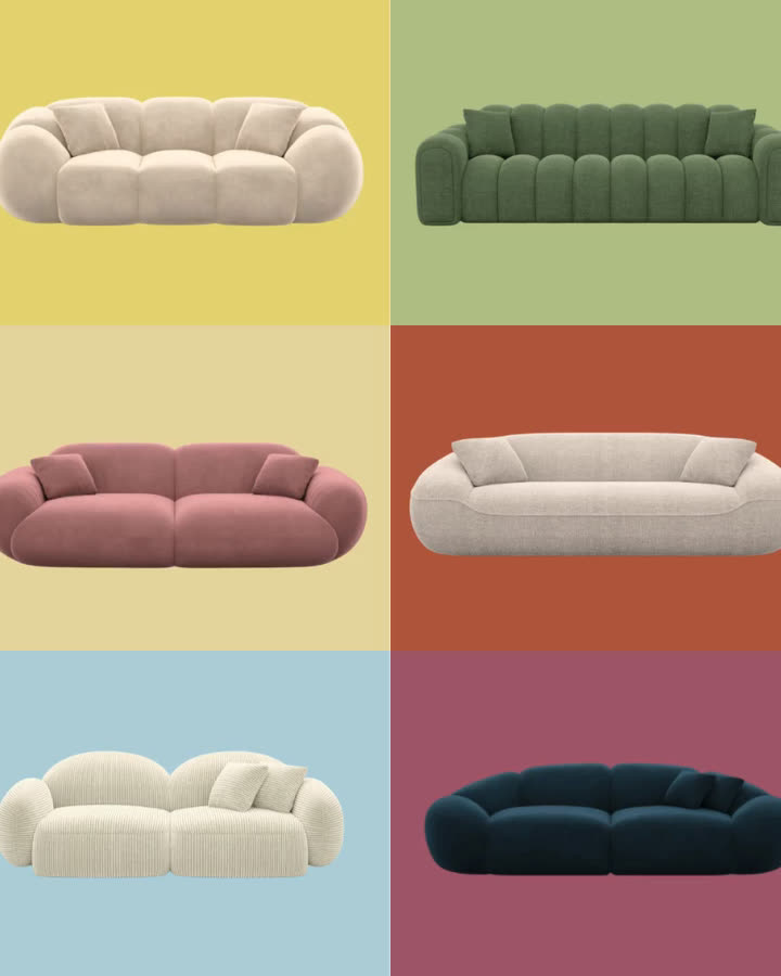 Raster aus Bloomingloft-Sofas, deren Bezüge und Hintergrundfarben wechseln