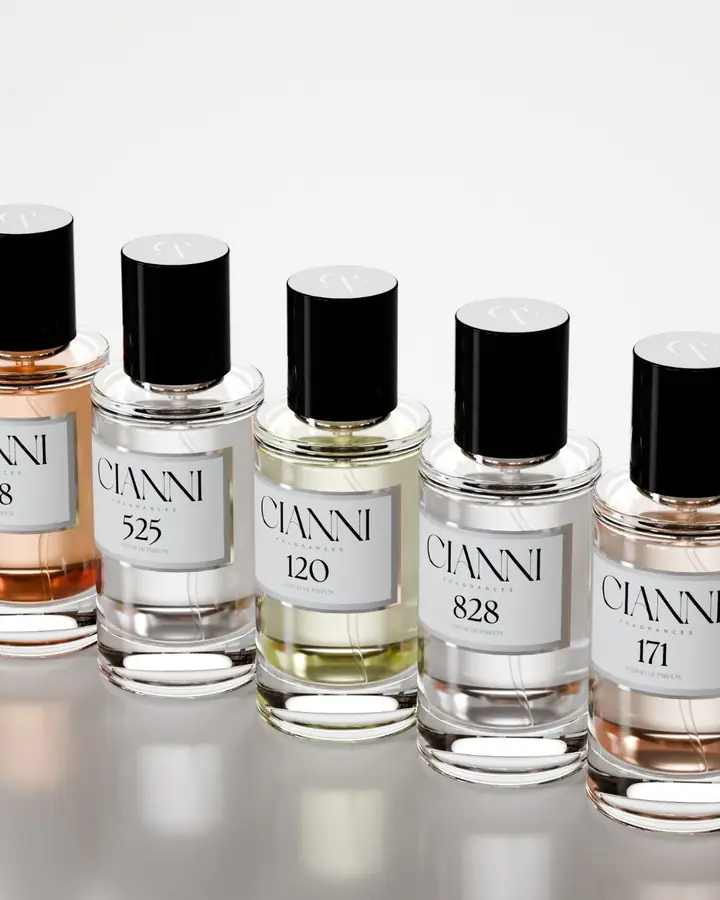 Row of Cianni perfume bottles with black caps on a light reflective surface.