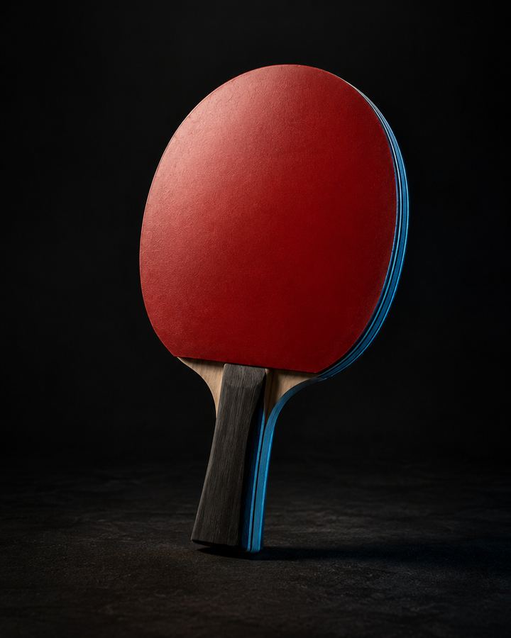 Table tennis bat with red rubber standing on a dark surface in a pool of light