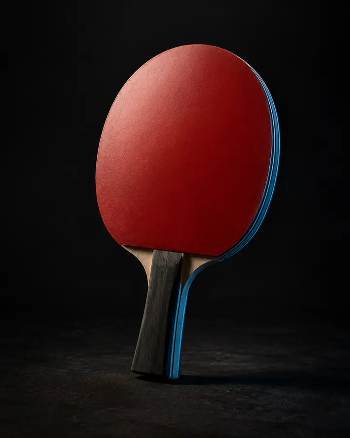 Table tennis bat with red rubber standing on a dark surface in a pool of light