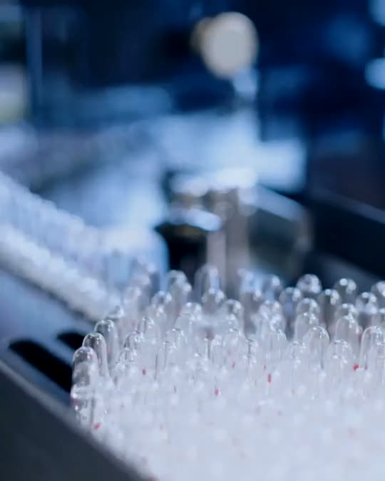 Glass ampoules moving through a filling line in Heel's production