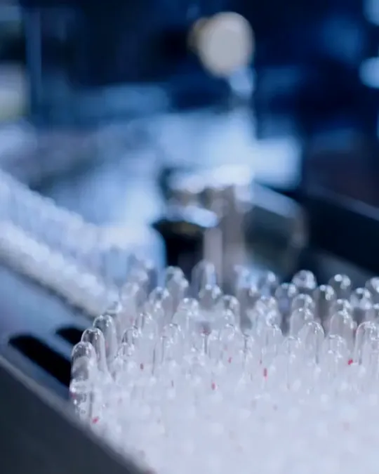 Glass ampoules moving through a filling line in Heel's production
