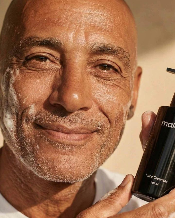 Smiling man with cleansing foam on his face holding the face cleanser bottle.