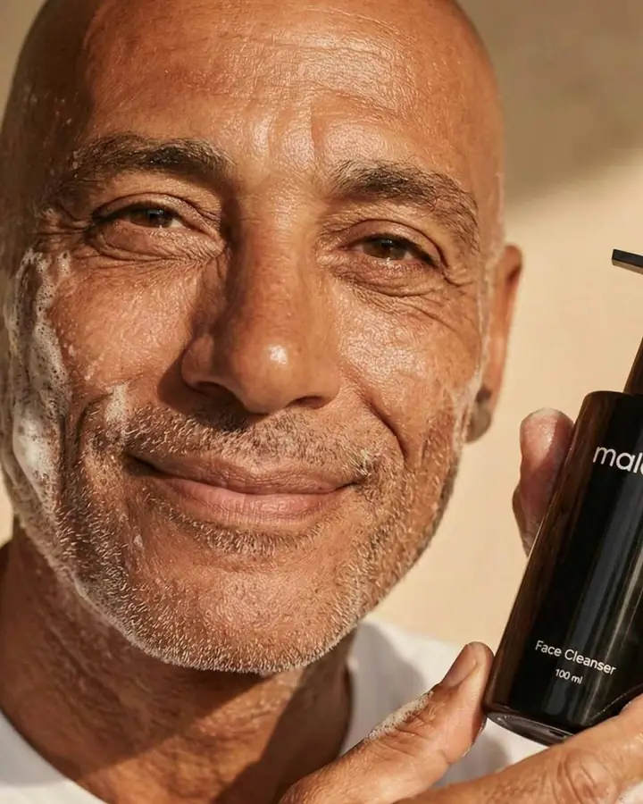 Smiling man with cleansing foam on his face holding the face cleanser bottle.