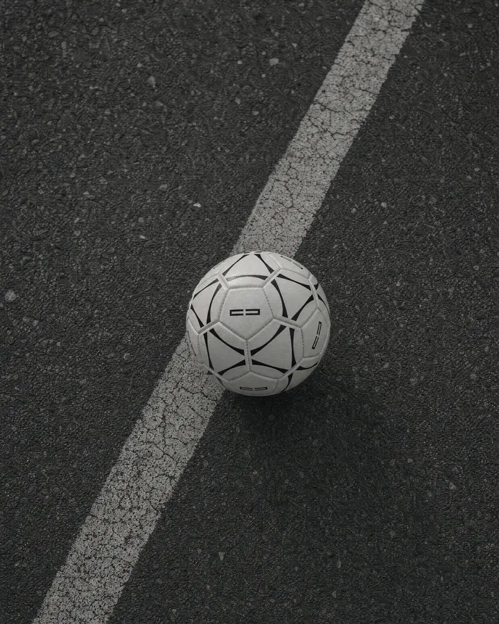 White football with black lines lying on a white marking on dark asphalt