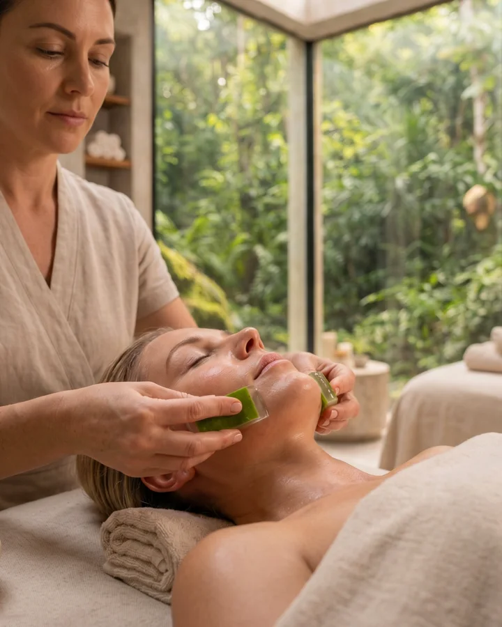 PHARMOS NATUR Behandlung mit Aloe-vera-Blättern in einem hellen Spa.