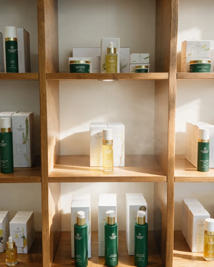 PHARMOS NATUR Produkte in einem sonnenbeschienenen Holzregal.