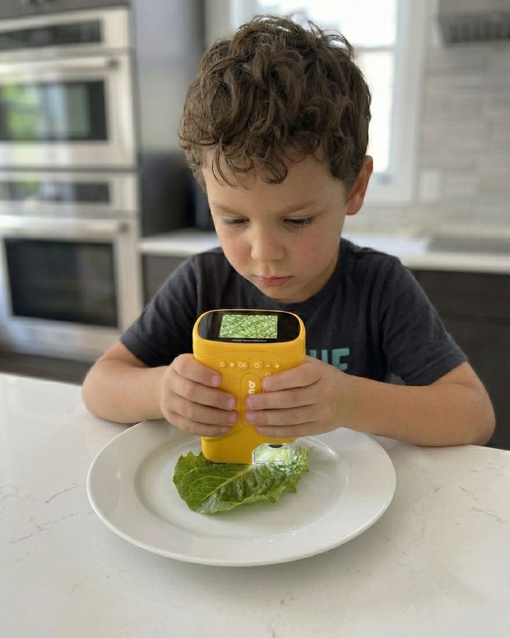 Junge untersucht ein Salatblatt mit dem Rabano-Kindermikroskop