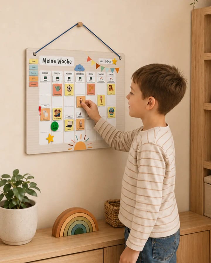 Boy in a striped shirt placing a magnetic card on the weekly planner on the wall