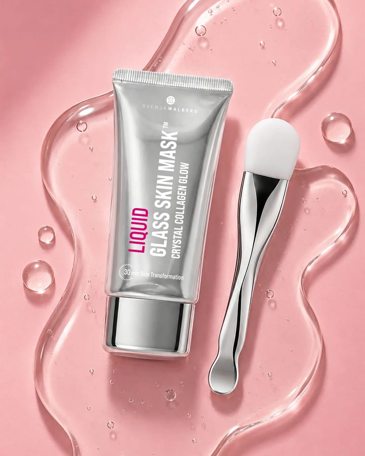 Silberne Tube Liquid Glass Skin Mask und Silikonpinsel liegen in klarem Gel auf rosa Untergrund