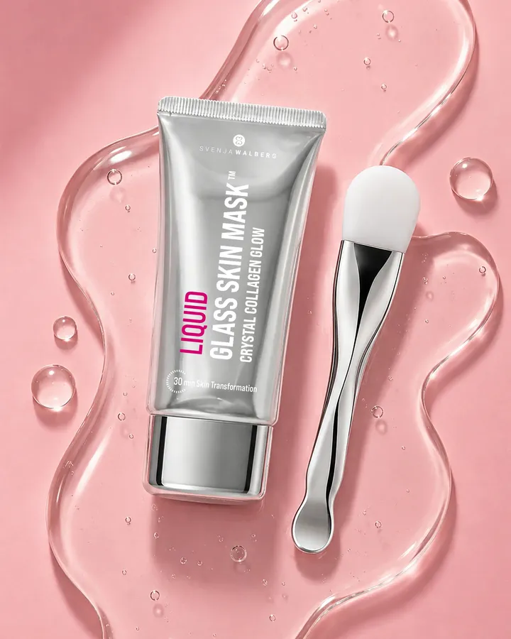 Silberne Tube Liquid Glass Skin Mask und Silikonpinsel liegen in klarem Gel auf rosa Untergrund