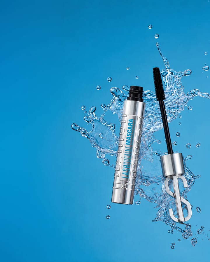 Silberne Mascara mit offener Bürste in einem Wasserspritzer vor blauem Hintergrund