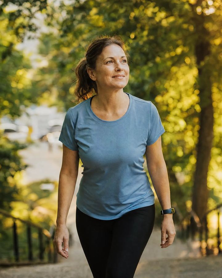 Middle-aged woman walking along park steps in golden evening light.